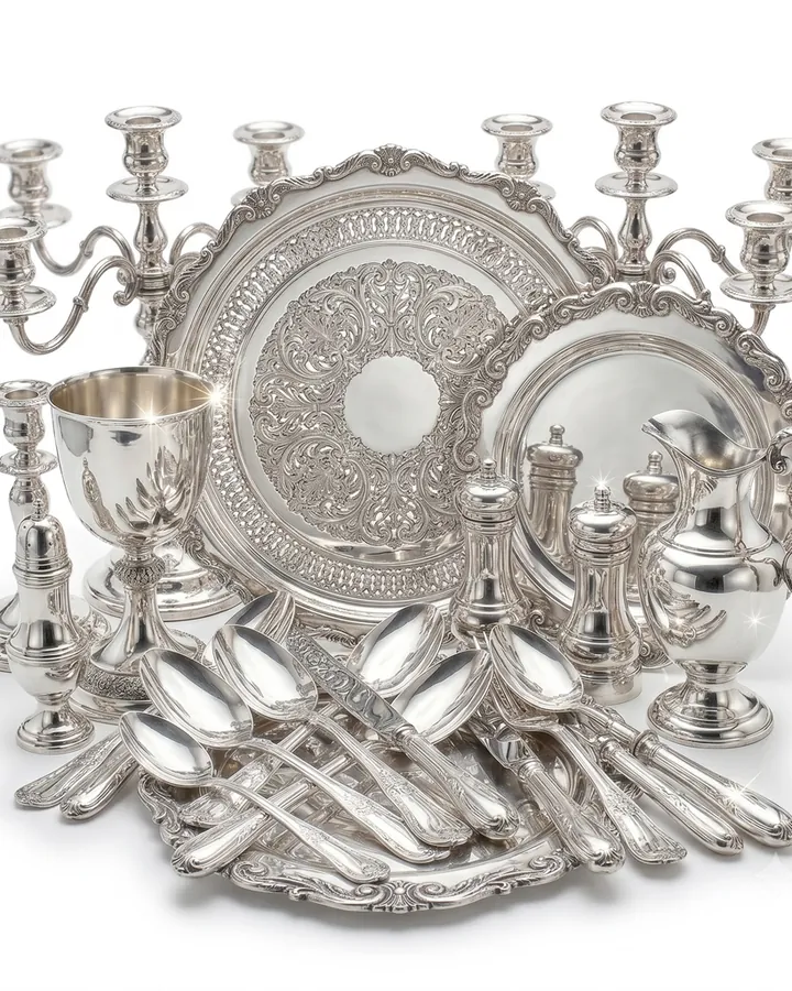 Argenteria da tavola: vassoi cesellati, candelabri, posate, calice e oliera in argento su fondo bianco