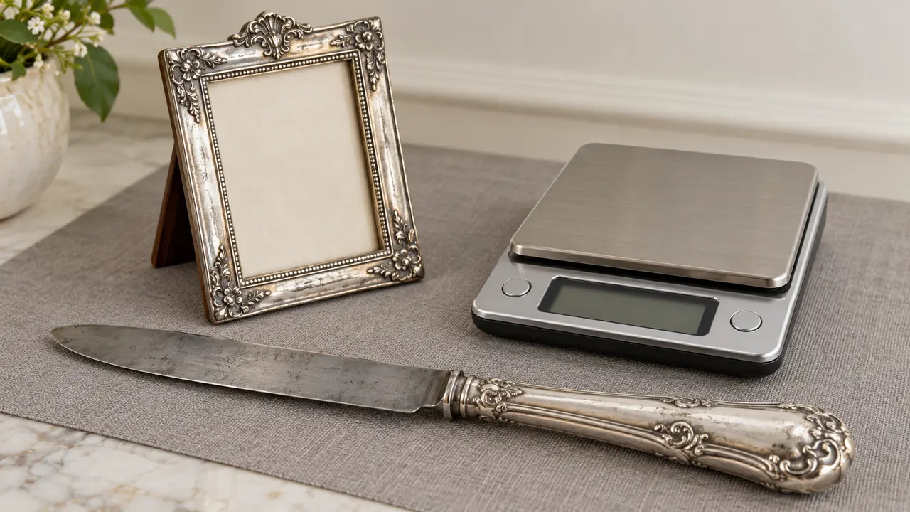 Coltello con lama in acciaio e cornice con supporto accanto alla bilancia per distinguere i materiali dal peso dell’argento