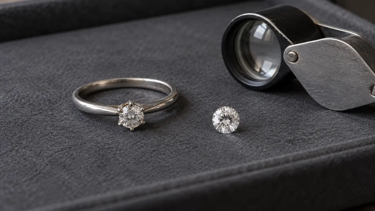Acquisto diamanti: anello solitario e pietra sciolta accanto a una lente da gioielliere