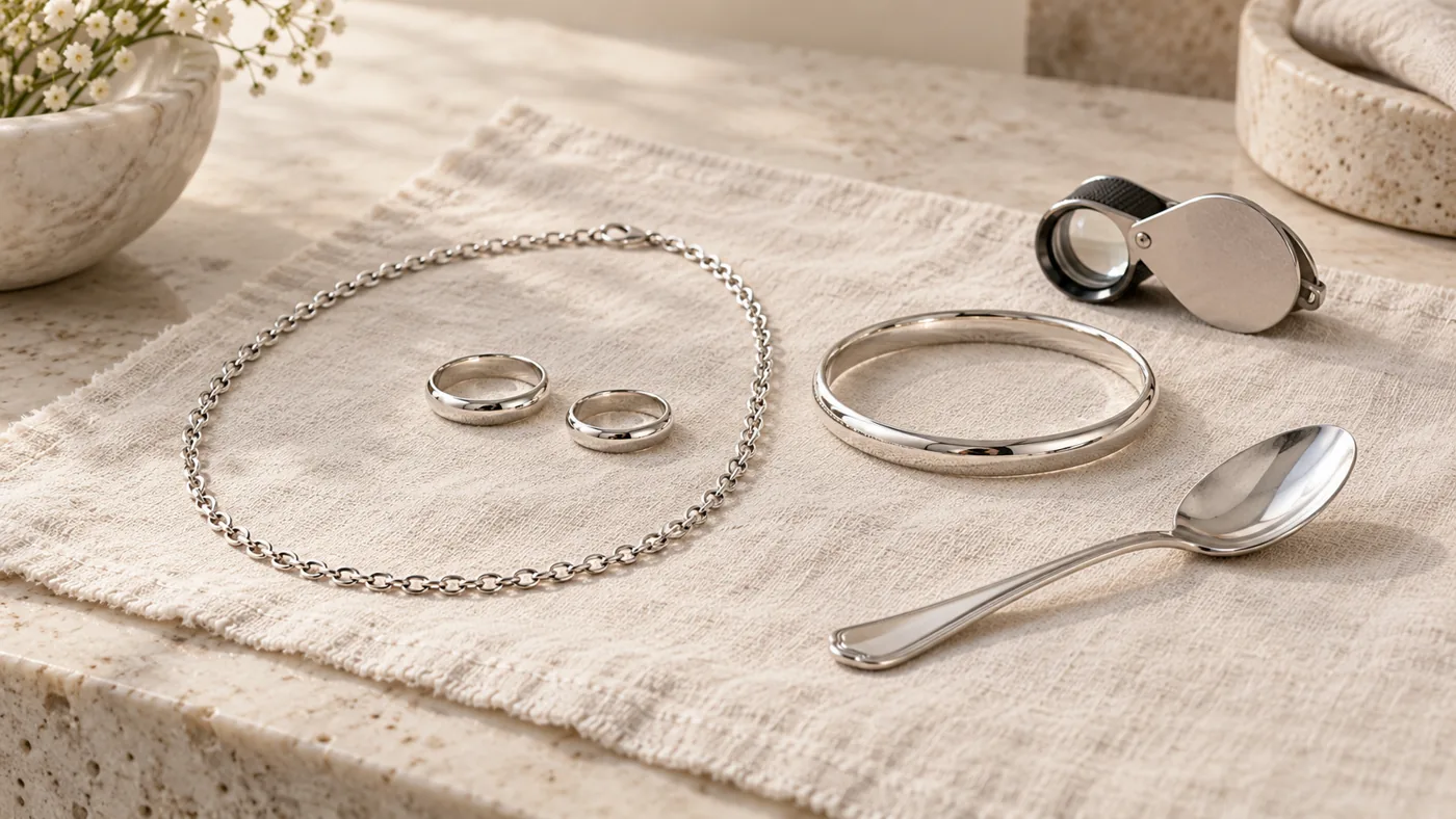 Argento 925: anelli, collana, bracciale e cucchiaino con lente da gioielliere, illustrazione AI