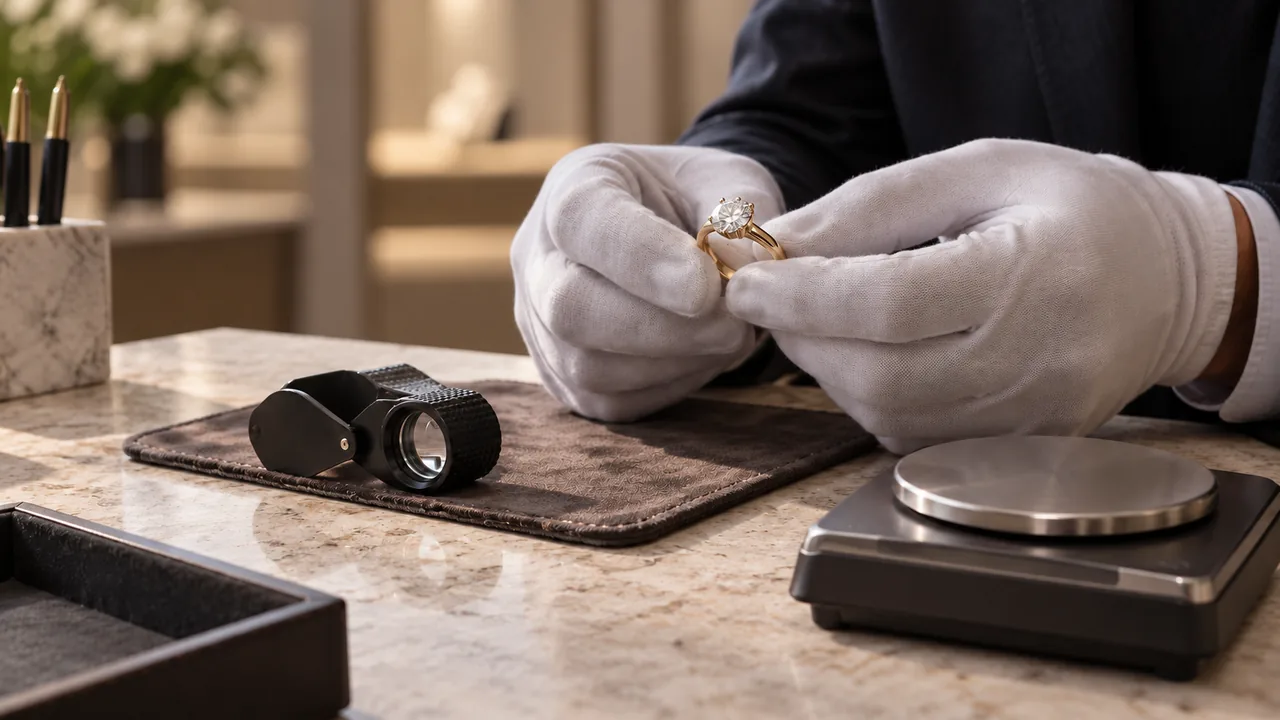 Valutazione in sede di un anello con diamante con lente e bilancia
