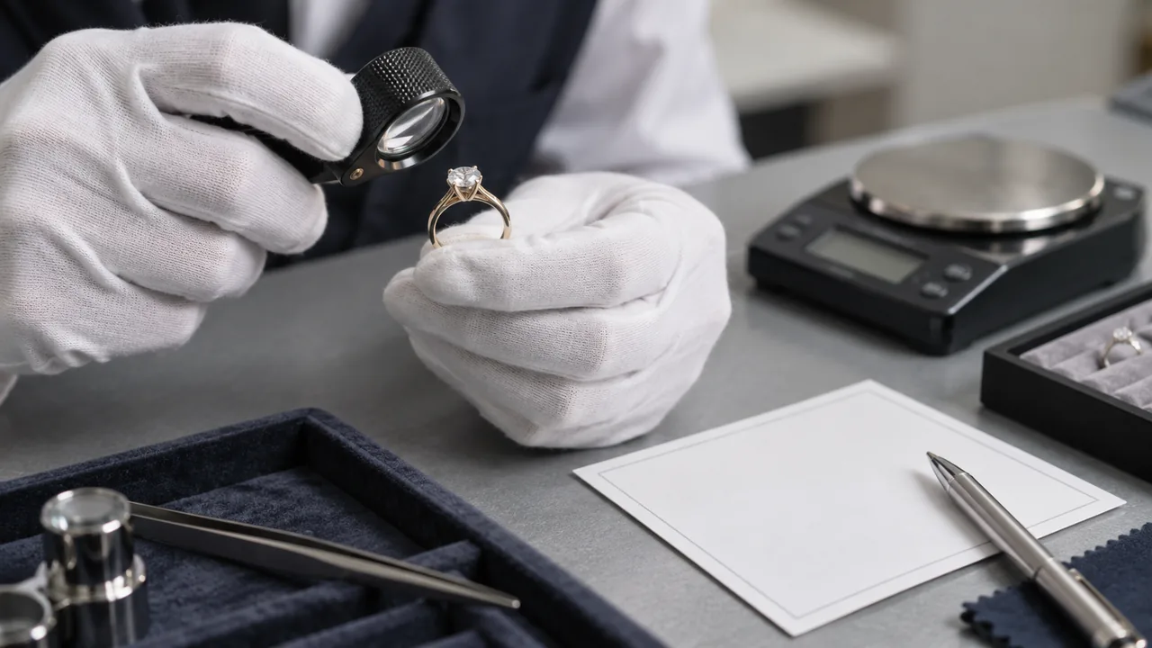 Verifica di un anello fidanzamento con lente e bilancia